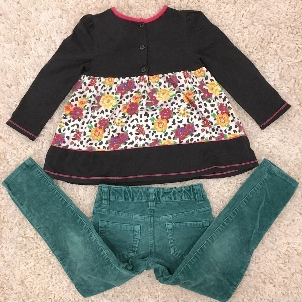 Bundle 2 Pcs Set Little Girls Floral Long sleeve  top and Green Velvet Pant